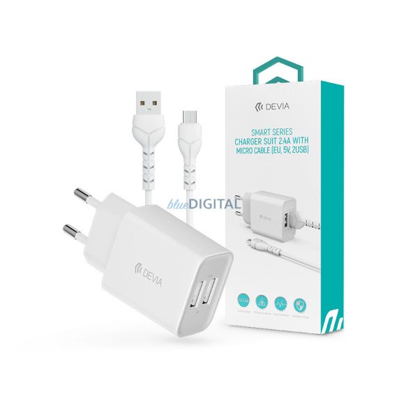 Devia Smart 2xUSB hálózati töltő adapter + USB - micro USB kábel 1 m-es         vezetékkel - 12W - Devia Smart Series Charger Suit With Micro Cable - fehér