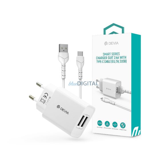 Devia 2xUSB hálózati töltő adapter + USB - Type-C kábel 1 m-es vezetékkel - 12W - Devia Smart Series Charger Suit With Type-C Cable - fehér