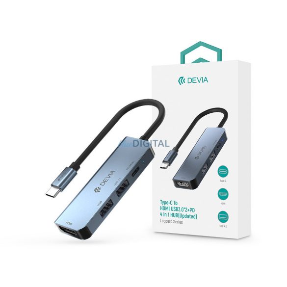 Devia USB Type-C - 2xUSB 3.0 + PD + HDMI elosztó/adapter - Devia Leopard 4in1   Hub (Updated) - szürke