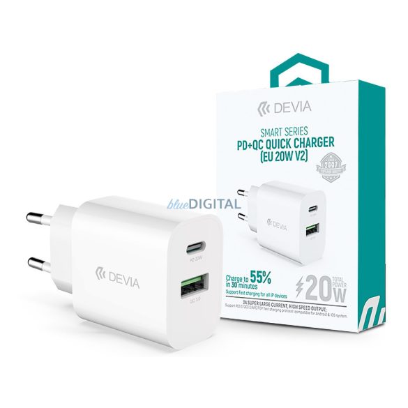 Devia hálózati töltő adapter Type-C + USB bemenettel - 20W - Devia Smart Series PD3.0 + QC3.0 Quick Charger V2 - fehér