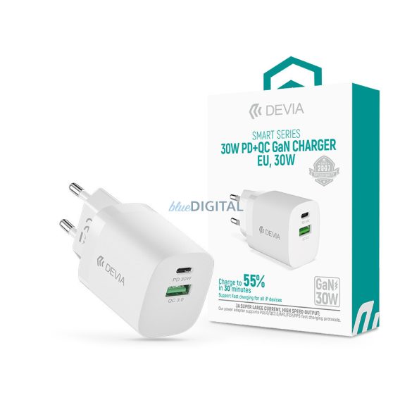 Devia GaN hálózati töltő adapter USB + Type-C bemenettel - 30W - Devia Smart    Series GaN PD + QC Quick Charger - fehér