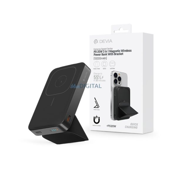 Devia Extreme Speed Series 3in1 Magnetic Wireless PD 20W powerbank/állvány -    10.000 mAh - fekete