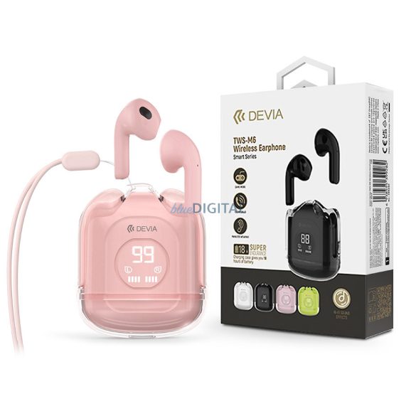 Devia TWS Bluetooth sztereó headset v5.3 + töltőtok - Devia TWS-M6 Wireless     Earphone with Charging Case - rózsaszín