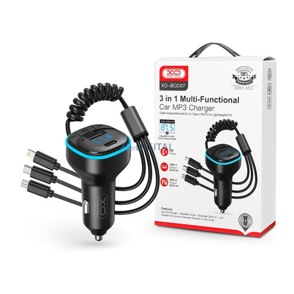 XO Bluetooth FM-transmitter / szivargyújtó töltő - USB + Type-C + MP3/FLAC/APE +Pendrive/TF-kártyaolvasó - XO BCC07 3in1 Car Charger - fekete