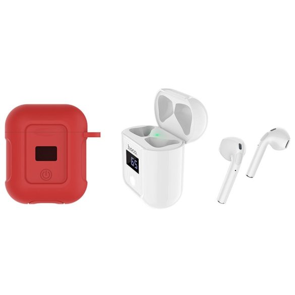HOCO Bluetooth sztereó TWS headset v5.0 Apple Lightning + piros szilikon védőtok - HOCO S11 Melody Wireless Headset - fehér