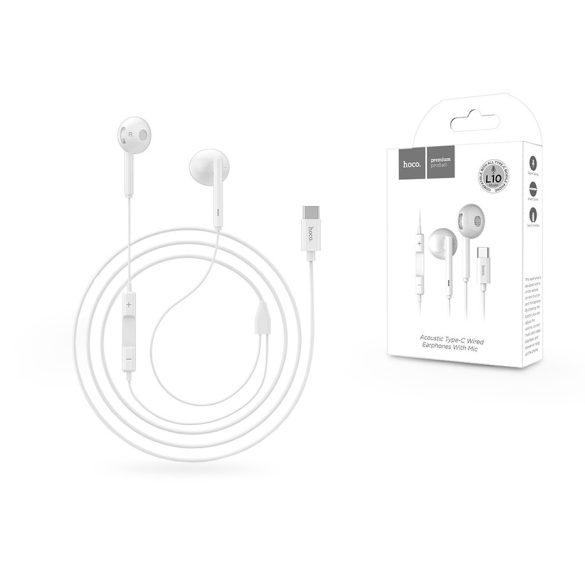 HOCO sztereó fülhallgató USB Type-C csatlakozóval, mikrofonnal - HOCO L10 Acoustic Type-C Wired Earphones with Mic - fehér