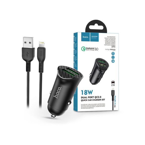 HOCO 2xUSB szivargyújtó töltő adapter + USB - Lightning kábel 1 m-es vezetékkel - HOCO Z39 Dual Port QC3.0 Quick Car Charger Set - 18W - fekete