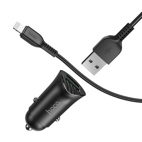 HOCO 2xUSB szivargyújtó töltő adapter + USB - Lightning kábel 1 m-es vezetékkel - HOCO Z39 Dual Port QC3.0 Quick Car Charger Set - 18W - fekete