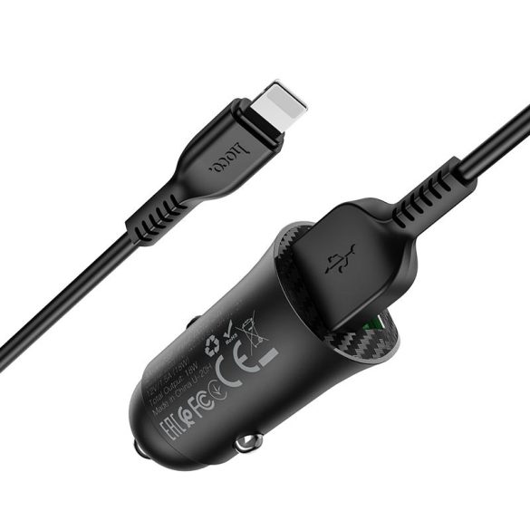 HOCO 2xUSB szivargyújtó töltő adapter + USB - Lightning kábel 1 m-es vezetékkel - HOCO Z39 Dual Port QC3.0 Quick Car Charger Set - 18W - fekete