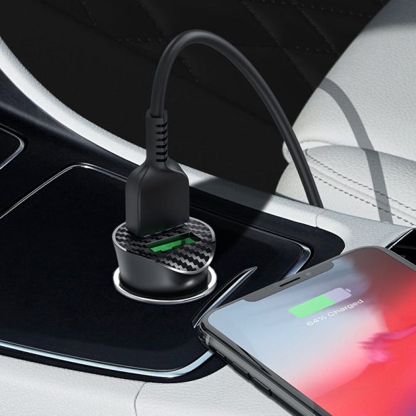 HOCO 2xUSB szivargyújtó töltő adapter + USB - Lightning kábel 1 m-es vezetékkel - HOCO Z39 Dual Port QC3.0 Quick Car Charger Set - 18W - fekete