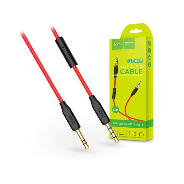 3,5 - 3,5 mm jack audio kábel 1 m-es vezetékkel, beépített mikrofonnal, vezérlővel - HOCO UPA12 Aux Audio Cable - piros/fekete