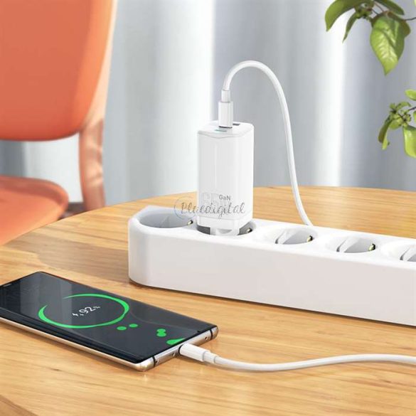 HOCO hálózati töltő adapter 2xType-C + USB bemenettel + Type-C - Type-C kábel - 65W - HOCO N16 GaN Fast Charging PD3.0 + QC3.0 - fehér