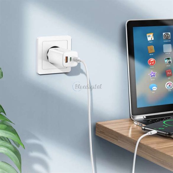 HOCO hálózati töltő adapter 2xType-C + USB bemenettel + Type-C - Type-C kábel - 65W - HOCO N16 GaN Fast Charging PD3.0 + QC3.0 - fehér