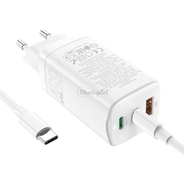 HOCO hálózati töltő adapter 2xType-C + USB bemenettel + Type-C - Type-C kábel - 65W - HOCO N16 GaN Fast Charging PD3.0 + QC3.0 - fehér