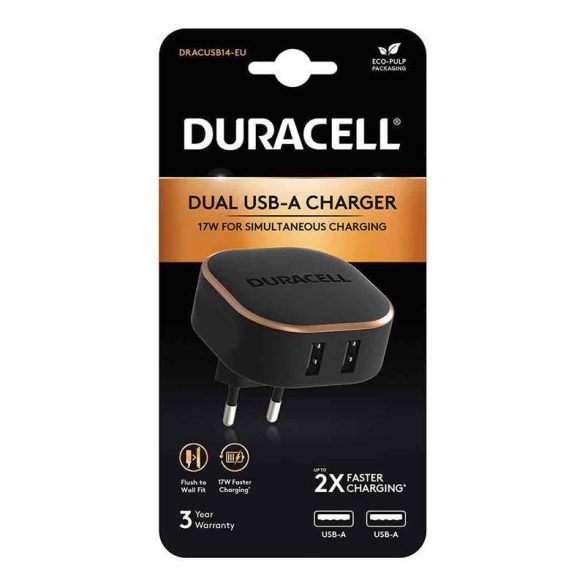 Duracell hálózati töltő 2xUSB-A csatlakozóval, 3.4A 17W (fekete)