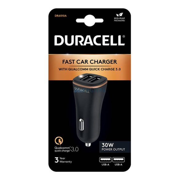 Duracell autós töltő 2xUSB-A csatlakozóval 30W (fekete)