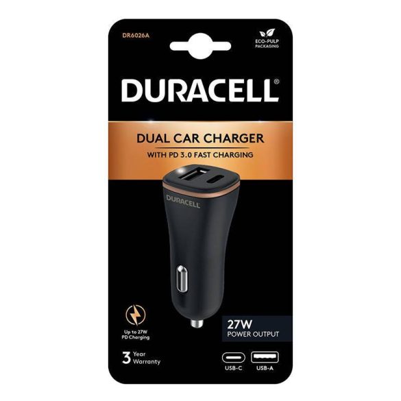 Duracell autós töltő 1xUSB-A és 1xUSB-C csatlakozóval 27W (fekete)