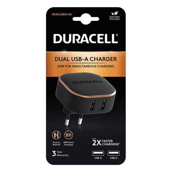 Duracell hálózati töltő 2xUSB-A csatlakozóval, 2.4A 24W (fekete)