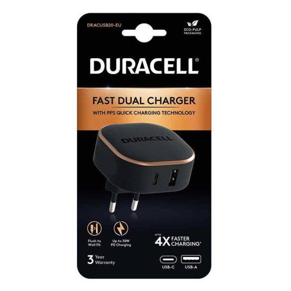 Duracell hálózati töltő 1xUSB-A és 1xUSB-C csatlakozóval 30W (fekete)