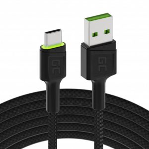 USB kábel - USB-C Green Cell GC Ray, 120cm, zöld LED, Ultra Charge, QC 3.0, Ultra Charge, QC 3.0