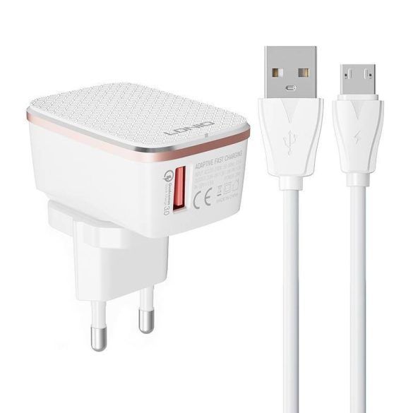 LDNIO A1204Q hálózati töltő 1xUSB-A csatlakozóval és USB-A - microUSB kábellel 18W fehér