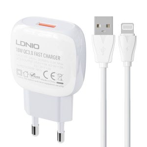 LDNIO A1306Q hálózati töltő 1xUSB-A csatlakozóval és USB-A - Lightning kábellel 18W fehér