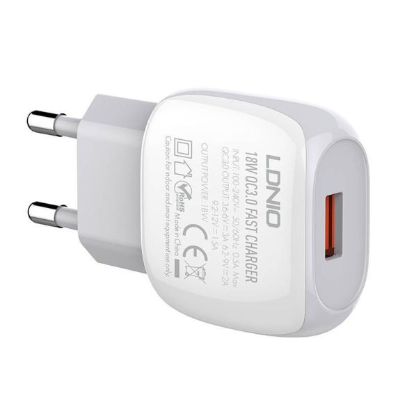 LDNIO A1306Q hálózati töltő 1xUSB-A csatlakozóval és USB-A - Lightning kábellel 18W fehér