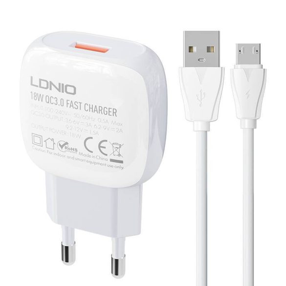 LDNIO A1306Q hálózati töltő 1xUSB-A csatlakozóval és USB-A - microUSB kábellel 18W fehér