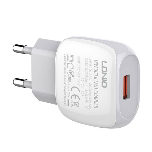 LDNIO A1306Q hálózati töltő 1xUSB-A csatlakozóval és USB-A - microUSB kábellel 18W fehér