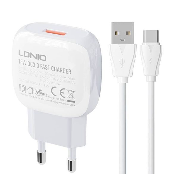 LDNIO A1306Q hálózati töltő 1xUSB-A csatlakozóval és USB-A - Type-C kábellel 18W fehér