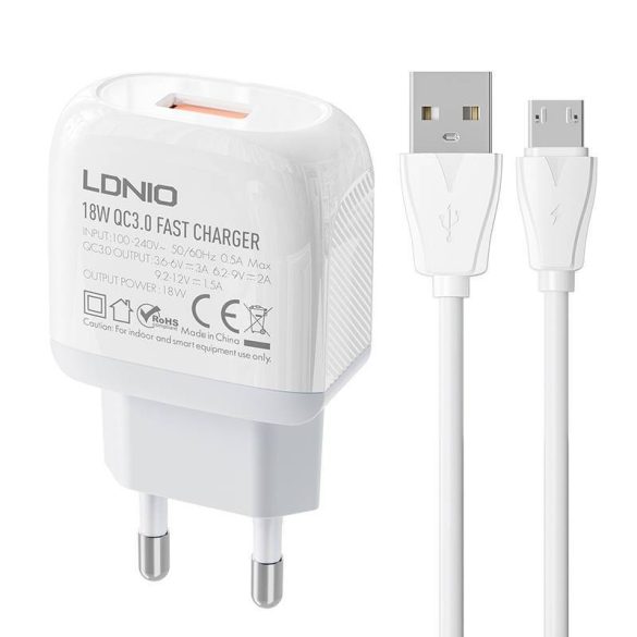 LDNIO A1307Q hálózati töltő 1xUSB-A csatlakozóval és USB-A - microUSB kábellel 18W fehér