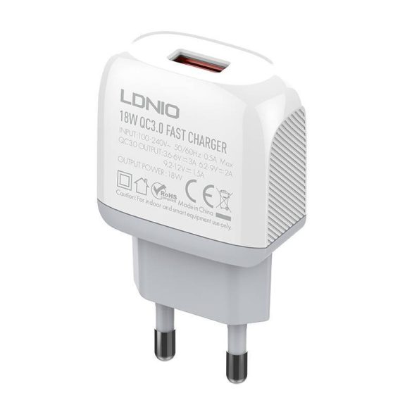 LDNIO A1307Q hálózati töltő 1xUSB-A csatlakozóval és USB-A - microUSB kábellel 18W fehér