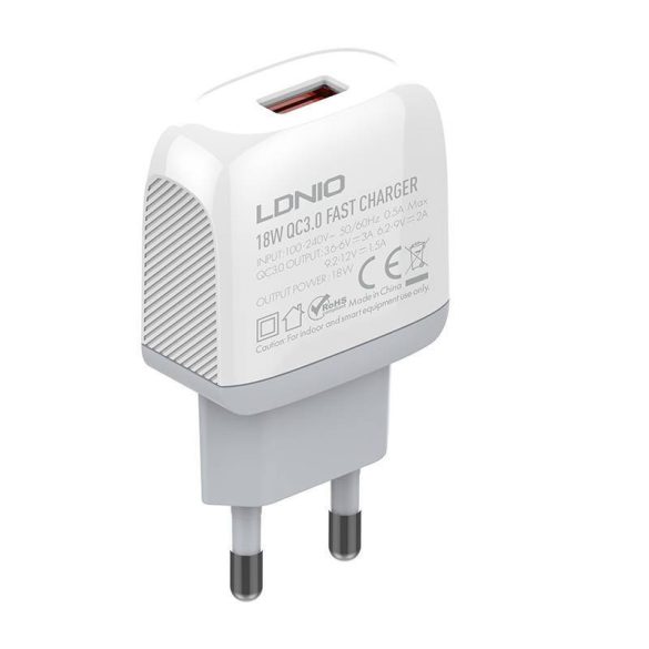 LDNIO A1307Q hálózati töltő 1xUSB-A csatlakozóval és USB-A - microUSB kábellel 18W fehér