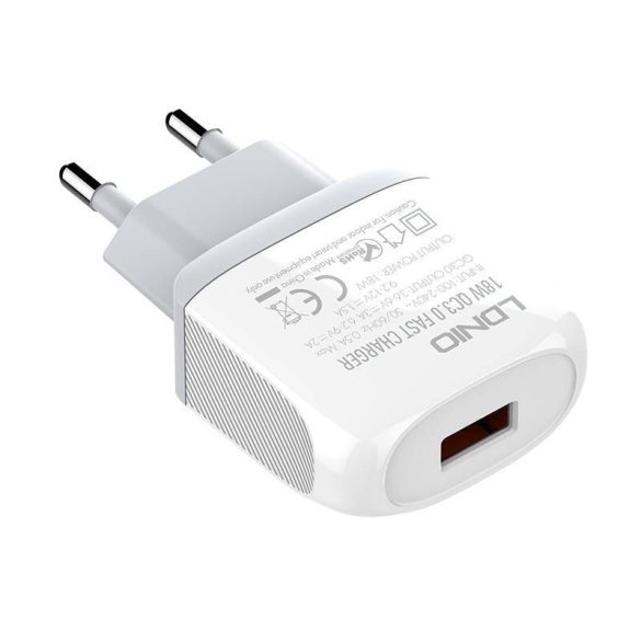 LDNIO A1307Q hálózati töltő 1xUSB-A csatlakozóval és USB-A - microUSB kábellel 18W fehér