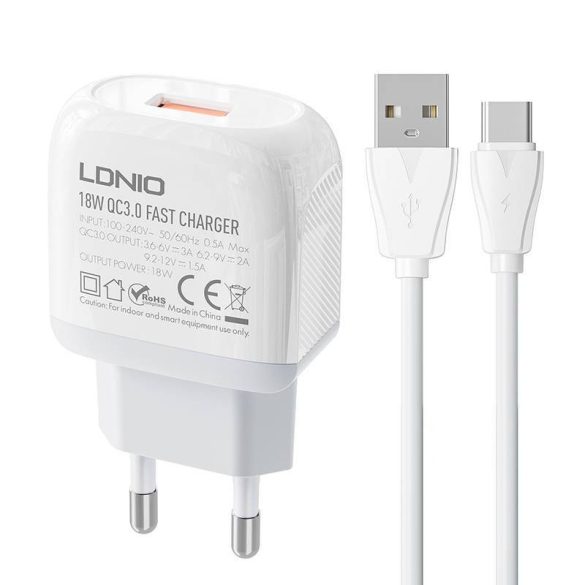 LDNIO A1307Q hálózati töltő 1xUSB-A csatlakozóval és USB-A - Type-C kábellel 18W fehér