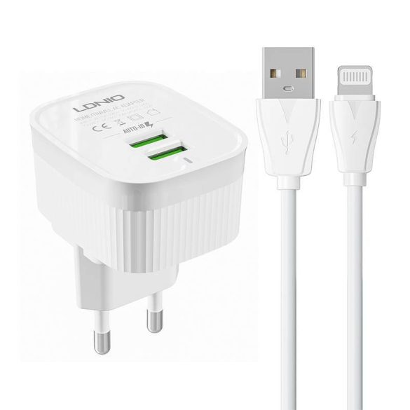 LDNIO A201 hálózati töltő 2xUSB-A csatlakozóval és USB-A - Lightning kábellel 12W fehér