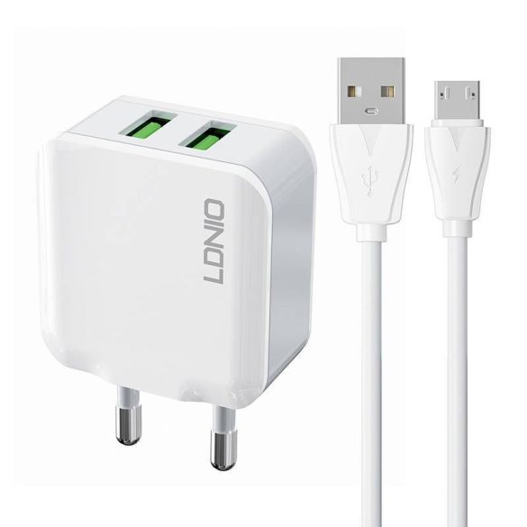 LDNIO A2201 hálózati töltő 2xUSB-A csatlakozóval és USB-A - microUSB kábellel 12W fehér