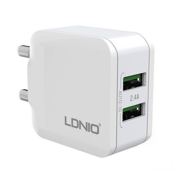 LDNIO A2201 hálózati töltő 2xUSB-A csatlakozóval és USB-A - Type-C kábellel 12W fehér