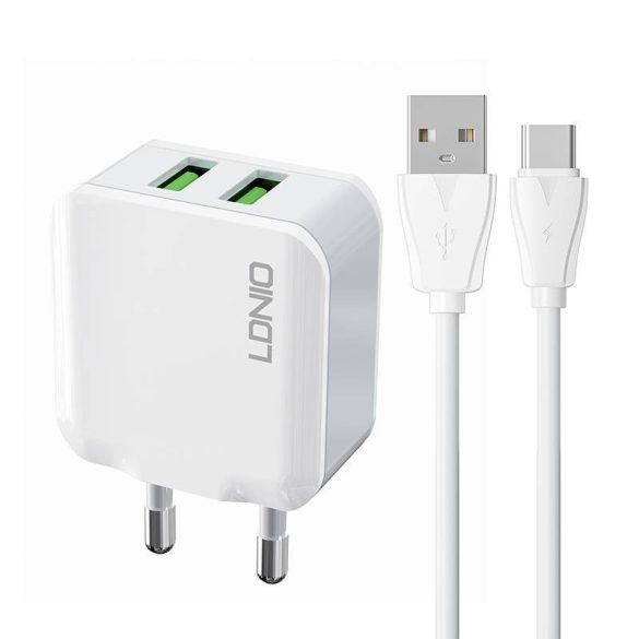 LDNIO A2201 hálózati töltő 2xUSB-A csatlakozóval és USB-A - Type-C kábellel 12W fehér