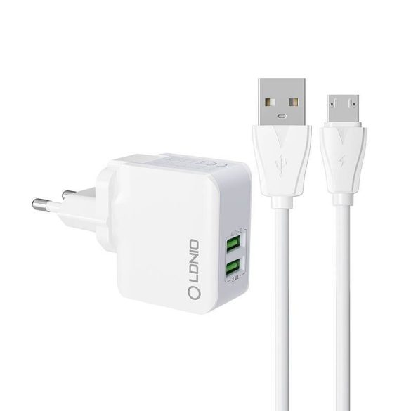 LDNIO A2203 hálózati töltő 2xUSB-A csatlakozóval és USB-A - microUSB kábellel 12W fehér