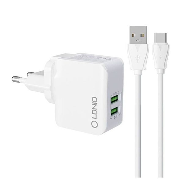 LDNIO A2203 hálózati töltő 2xUSB-A csatlakozóval és USB-A - Type-C kábellel 12W fehér