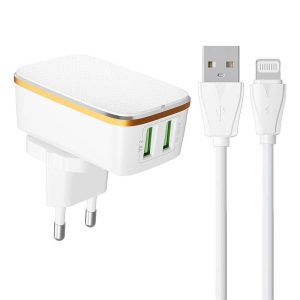 LDNIO A2204 hálózati töltő 2xUSB-A csatlakozóval és USB-A - Lightning kábellel 12W fehér