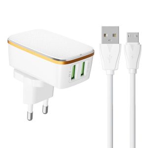 LDNIO A2204 hálózati töltő 2xUSB-A csatlakozóval és USB-A - microUSB kábellel 12W fehér