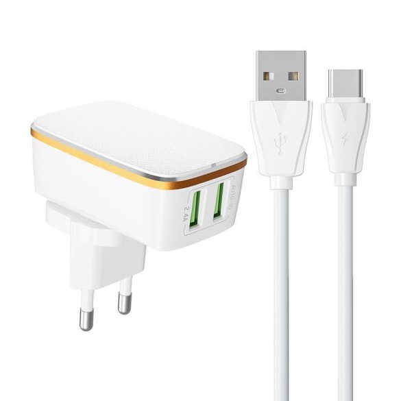 LDNIO A2204 hálózati töltő 2xUSB-A csatlakozóval és USB-A - Type-C kábellel 12W fehér