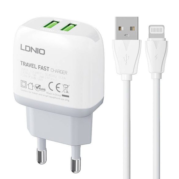 LDNIO A2219 hálózati töltő 2xUSB-A csatlakozóval és USB-A - Lightning kábellel 12W fehér