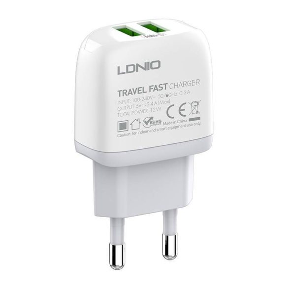 LDNIO A2219 hálózati töltő 2xUSB-A csatlakozóval és USB-A - Lightning kábellel 12W fehér
