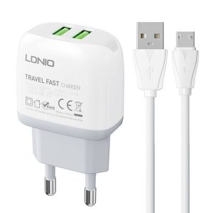 LDNIO A2219 hálózati töltő 2xUSB-A csatlakozóval és USB-A - microUSB kábellel 12W fehér