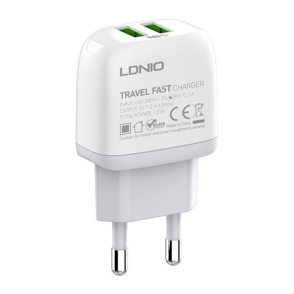 LDNIO A2219 hálózati töltő 2xUSB-A csatlakozóval és USB-A - microUSB kábellel 12W fehér