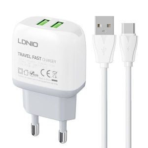 LDNIO A2219 hálózati töltő 2xUSB-A csatlakozóval és USB-A - Type-C kábellel 12W fehér