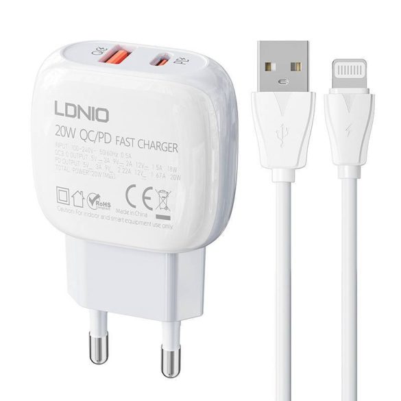 LDNIO A2313C hálózati töltő 1xUSB-A és 1xUSB-C csatlakozóval és USB-A - Lightning kábellel max. 20W fehér